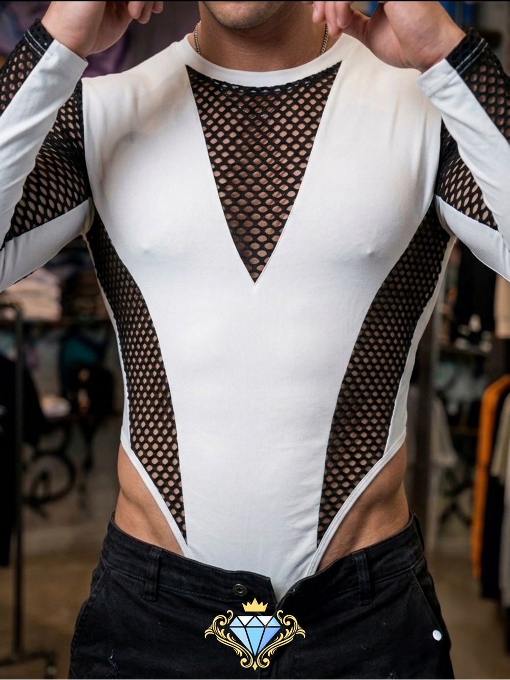 SHEIN x Fever City White Fishnet Panel Fitted Bodysuit High Cut NWT Size XL